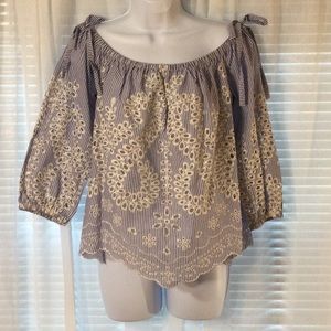 Express Off The Shoulder Eyelet Blouse Blue/White Striped Size M